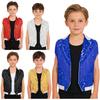 Gilet de Performance Scénique Danse Jazz pour Garçons à Franges Paillettes Scintillantes Revers de Couleur Contrastante Haut Sans Manches