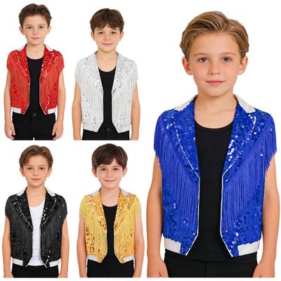 Chaleco de Jazz para Niños con Borlas Brillantes de Lentejuelas, Cuello de Solapa de Color Contrastante, Top sin Mangas para Actuación en Escenario