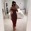 Damen schulterfrei kurzärmliges Midi-Kleid schmale Passform hohe Taille einfarbig Pailletten gerafft Bodycon Kleid