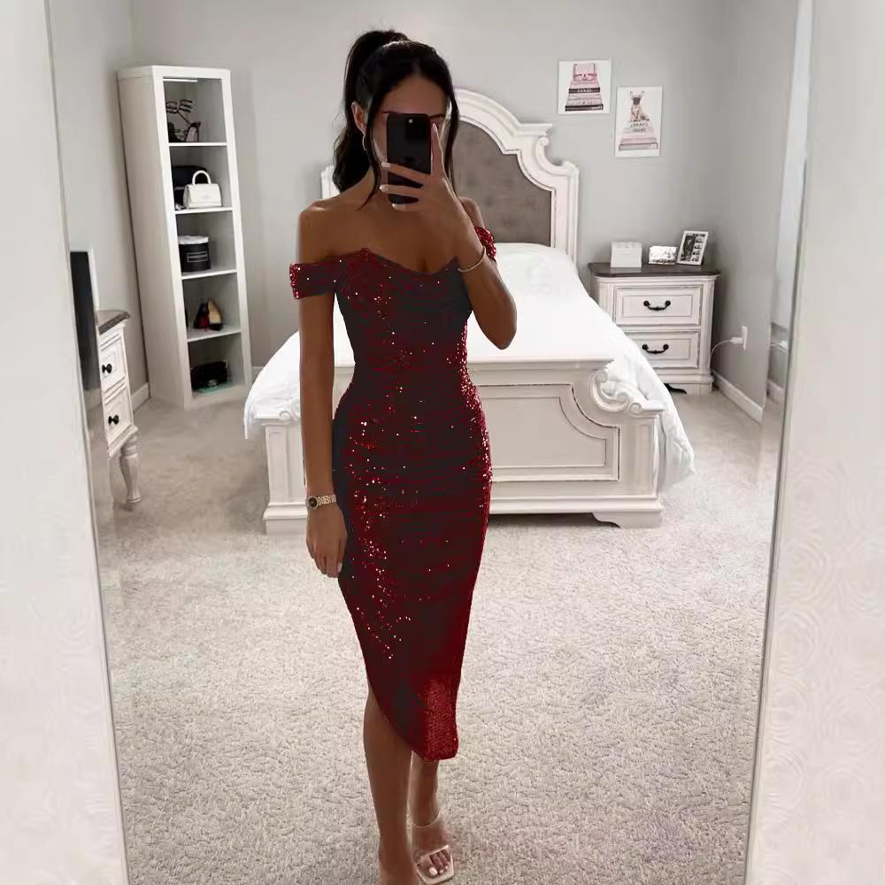 Damen schulterfrei kurzärmliges Midi-Kleid schmale Passform hohe Taille einfarbig Pailletten gerafft Bodycon Kleid