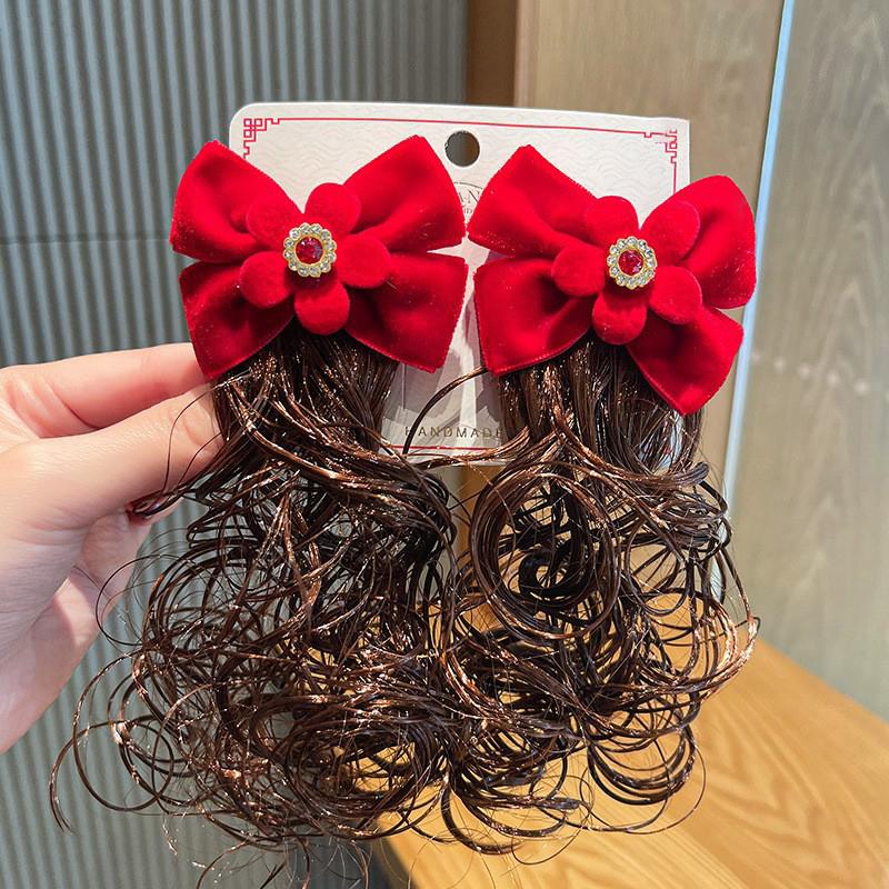 Kids Girl Wig Hair Clip Red New Year Headwear Plush Ball Bow Barrettes Children Hairpins No Harm Baby Headpiece Accessoriess