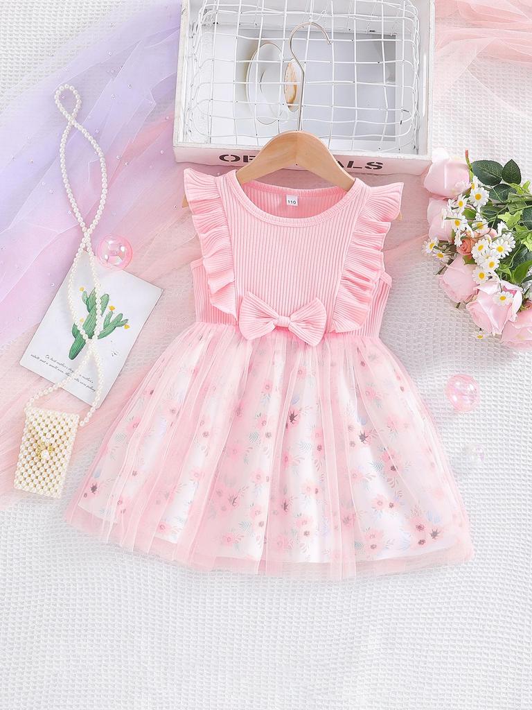 2025 Sweet Toddler Girls' A-Line Bowknot Mesh Dress - Sleeveless Cotton