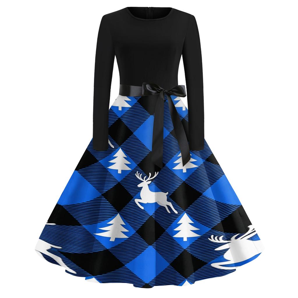 Women's Casual Vintage V-Neck Christmas Print Dress for Festive Occasions