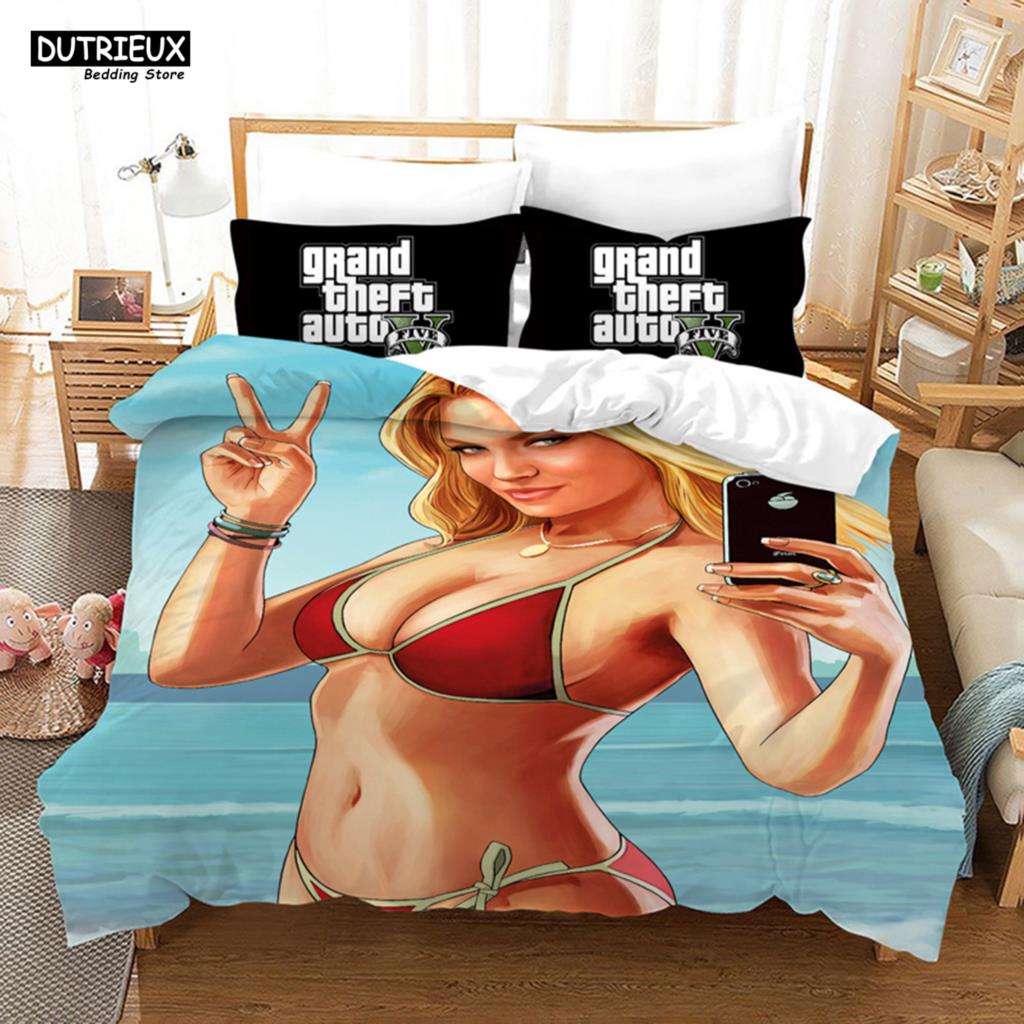 GTA V Game - Themed Cartoon Bedding Set with Duvet Cover and Pillowcase, Including Comforter