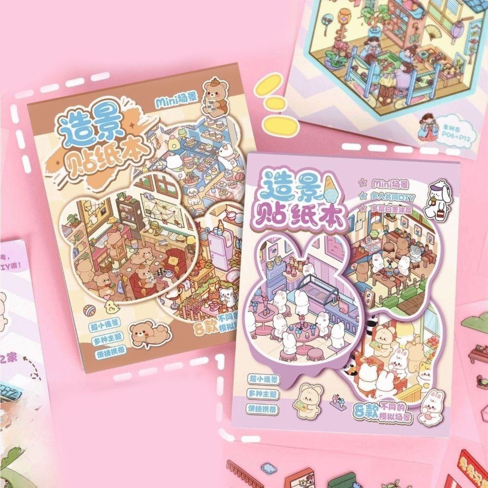 3D Miniature Scene Stickers Cartoon 8 Sences Landscape Sticker Book Stacking Pasting Mini Cabin Scene DIY Sticker Child Gifts