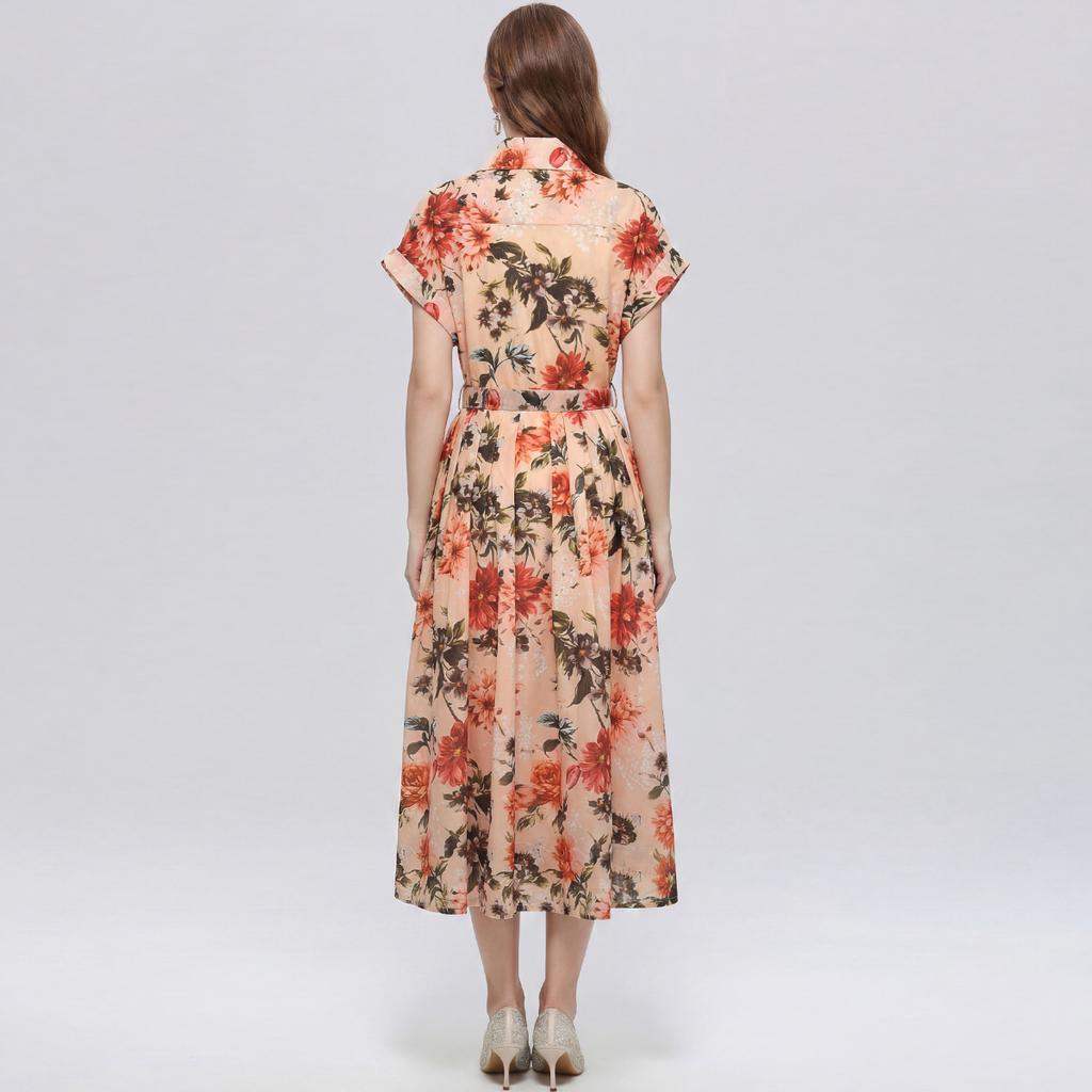 Summer Floral Print Shirt Dress for Women Short Sleeve Maxi Sundress with Lapel Neck Buttons Vintage Fashion Belted Robe