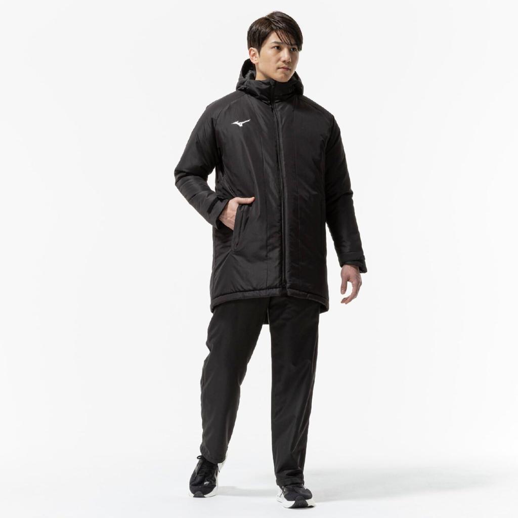 Mizuno Breath Thermo Insulated Training Black Mid-Length Coat, Heat-Generating Material, Water-Repellent, Windproof, 32MEC650,