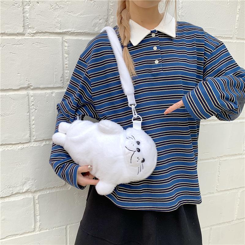1 ks Rozkošná měkká kreslená těsnění Kabelka Nastavitelné popruhy Crossbody taška Zesílená roztomilá těsnění Taštička přes rameno Dárky