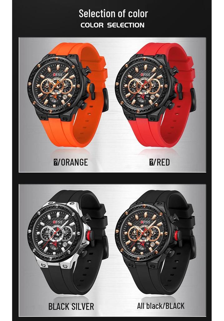 OFNS Men's Multifunctional Waterproof Quartz Watch with Calendar and Six-Hand Chronograph, Silicone Strap.