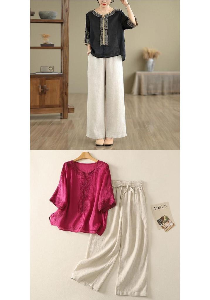 Elegant Chiffon Top: Popular Chinese Style Mid-Aged Women's Five-Point Sleeve Printed T-Shirt