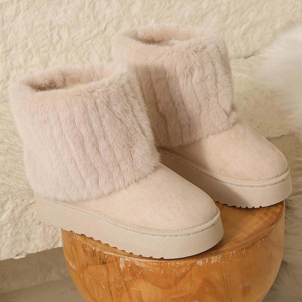 Furry Striped Women's Mid-Calf Snow Boots - Suede, Thick Soled, Warm & Comfortable for Autumn/Winter.