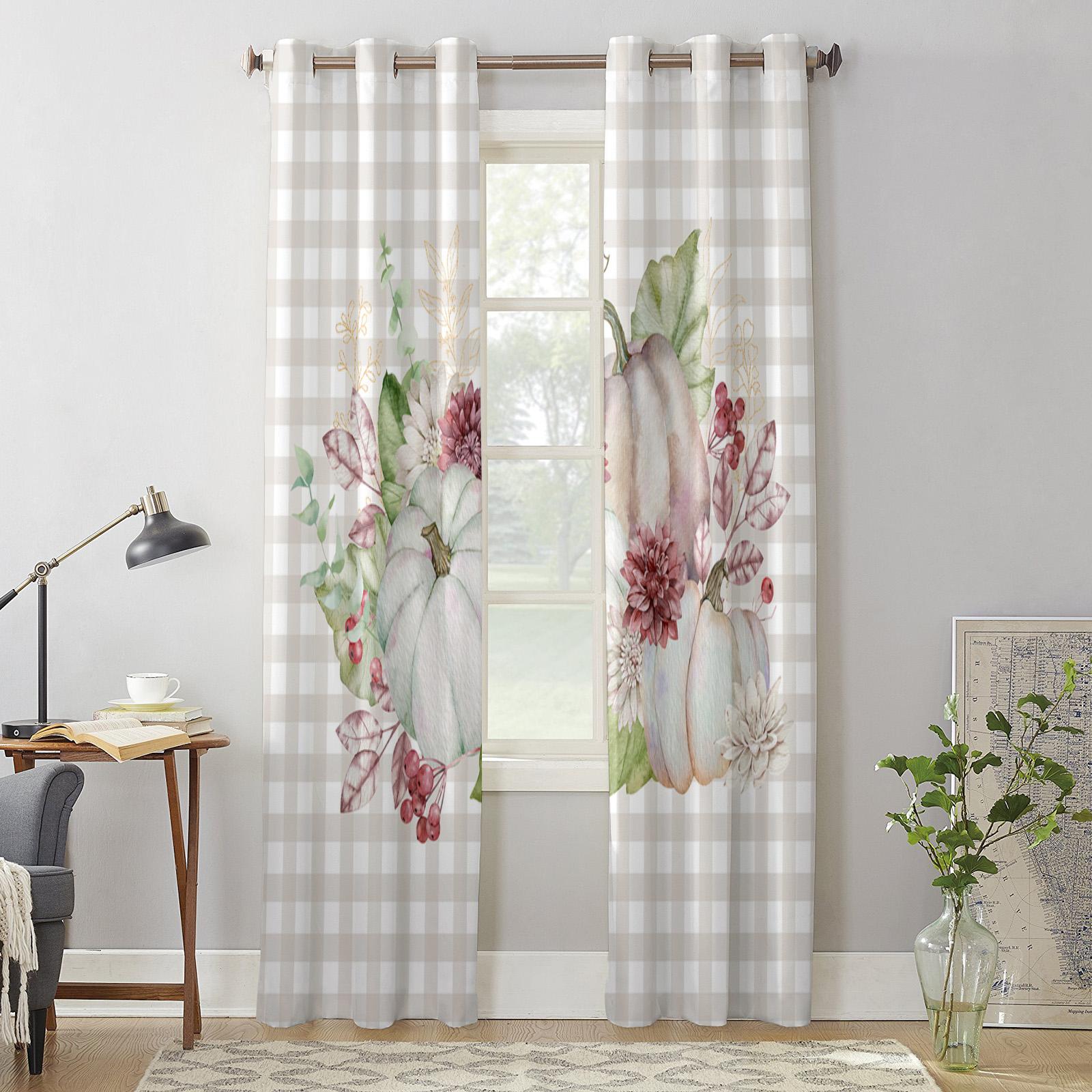Осенние клетчатые шторы с тыквой и цветочным принтом для спальни — фото 5