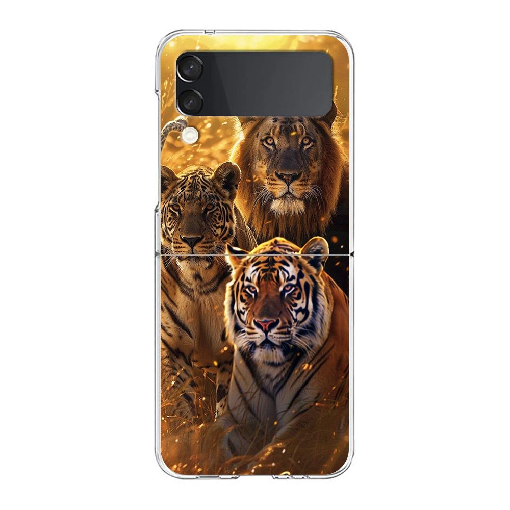 Transparent Phone Case For Samsung Galaxy Z Flip 3 4 5 6 7 Hard Folding PC Z Flip3 Flip4 Cover Cool Animal Tiger Lion