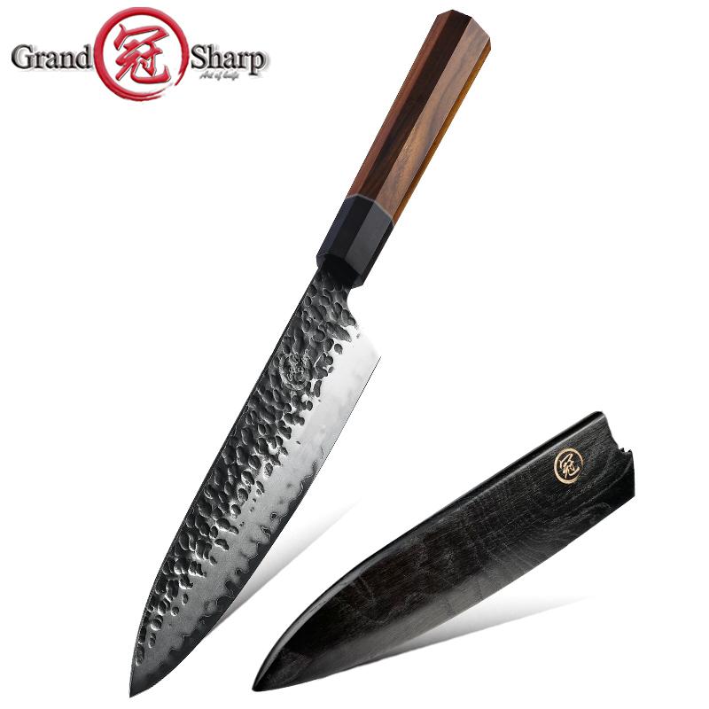 8 tommers Hamdmade kokkekniv 3 lag japansk AUS10 stål Gyuto kniv Høykarbon kjøkkenkniver Matlagingsverktøy med knivbeskytter GRANDSHARP