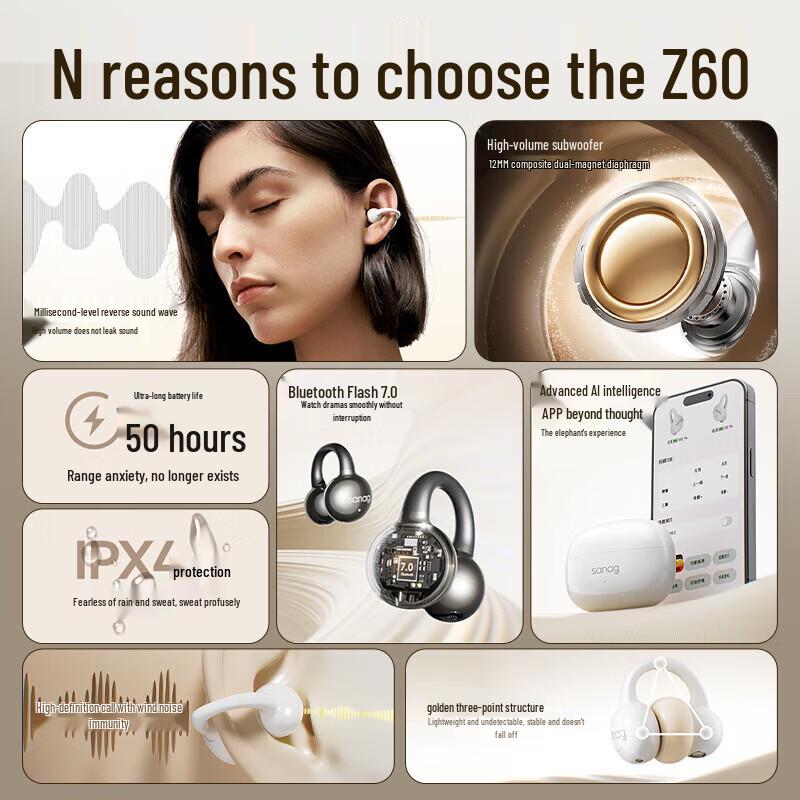 Saina Z60S AI Bone Conduction Open-Ear Clip Bluetooth Headset