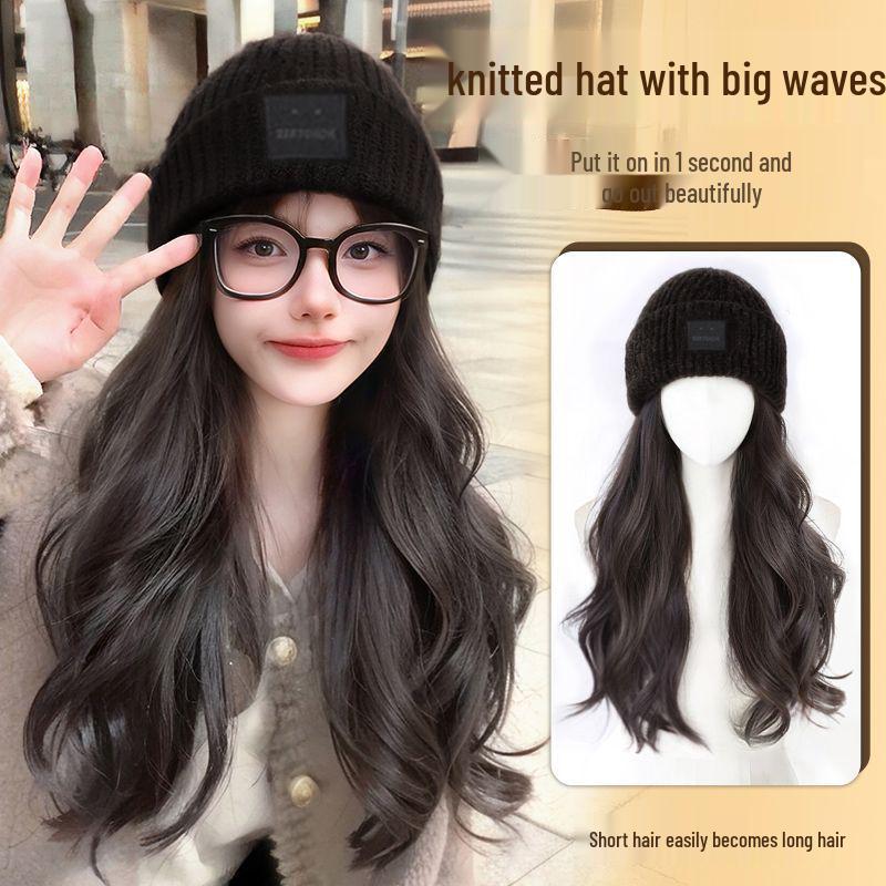 2025 Women's Fashion Knit Hat with Integrated Wig and Hairband for Autumn/Winter