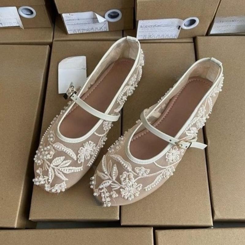 

Модные женские туфли Мэри Джейн из сетки с вышивкой и жемчугом, повседневная летняя дышащая обувь, балетки в балетном стиле с круглым носком и ремешком с пряжкой для леди 42