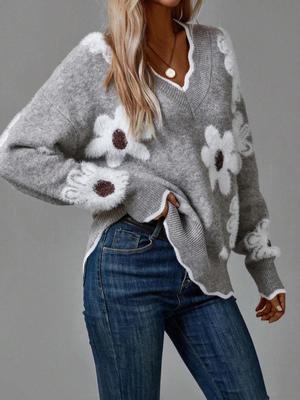 Women's Faux Mink Jacquard Lace Collar Knit Pullover Sweater for Autumn/Winter