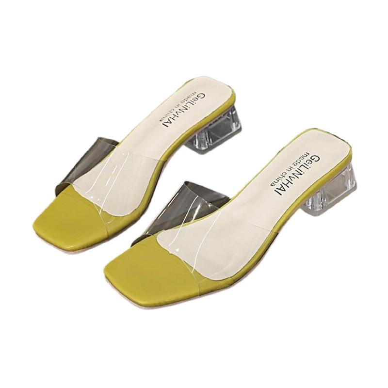 Thick Heel Spring and Summer New Female Cool Slippers Fairy Fashion Transparent Fashion Outer Wear Crystal Square Head Word Female Slippers