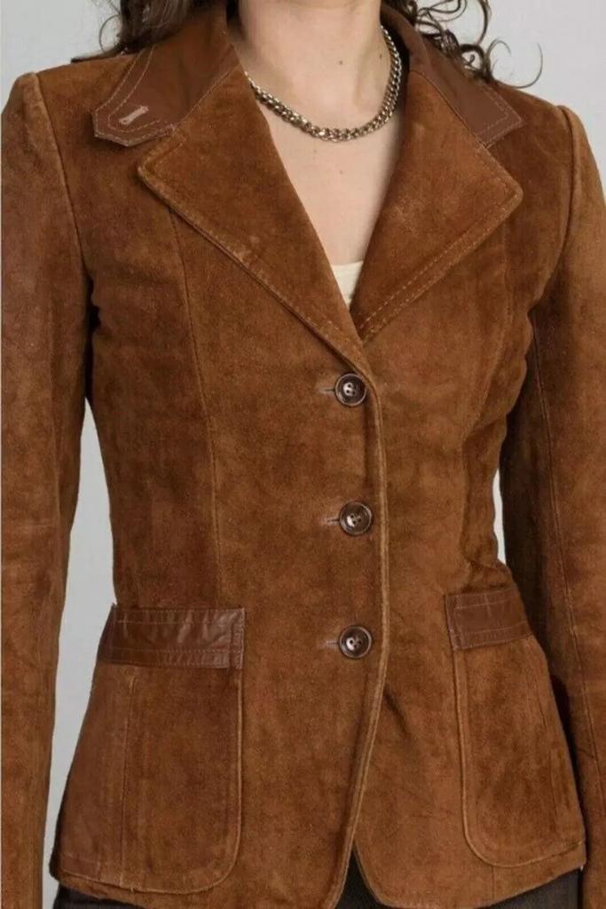 Women Real Soft Suede Leather Blazer Brown New Formal Handmade Stylish Casual