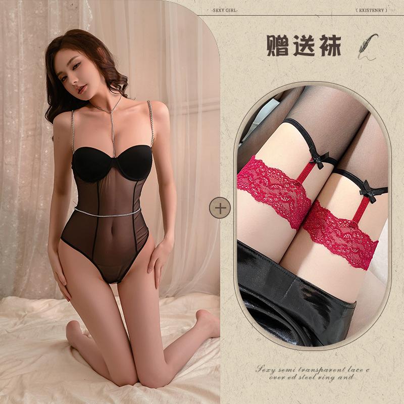 Fishbone waist chain suspender onesie sexy mesh splicing waist tight