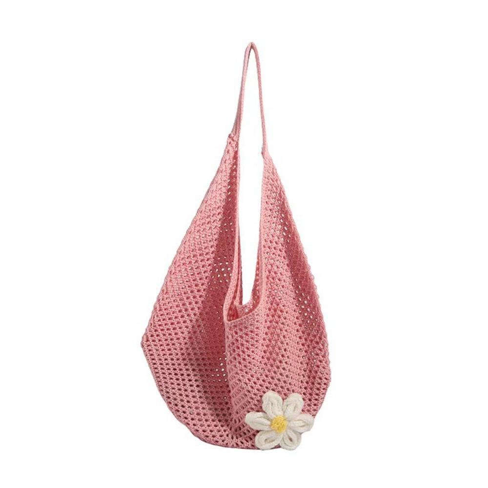 Casual Handmade Crochet Underarm Bag Hollow Out Large Capacity Mesh Tote Knitting Weaving Beach Bag for Shopping