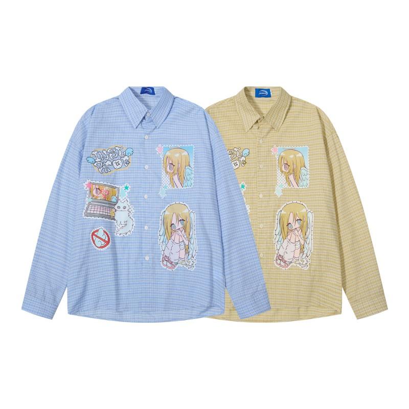 Amerikanischer Süßer Cooler Stil Blau Weiß Kariert Anime Mädchen Druck Locker Langarmshirt Herren