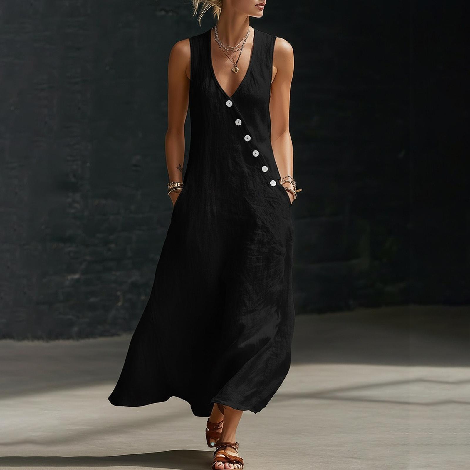 

Женское платье средней длины Повседневное Легкое Платья V-образный вырез Отпуск Бохо Пляжное платье L чёрный