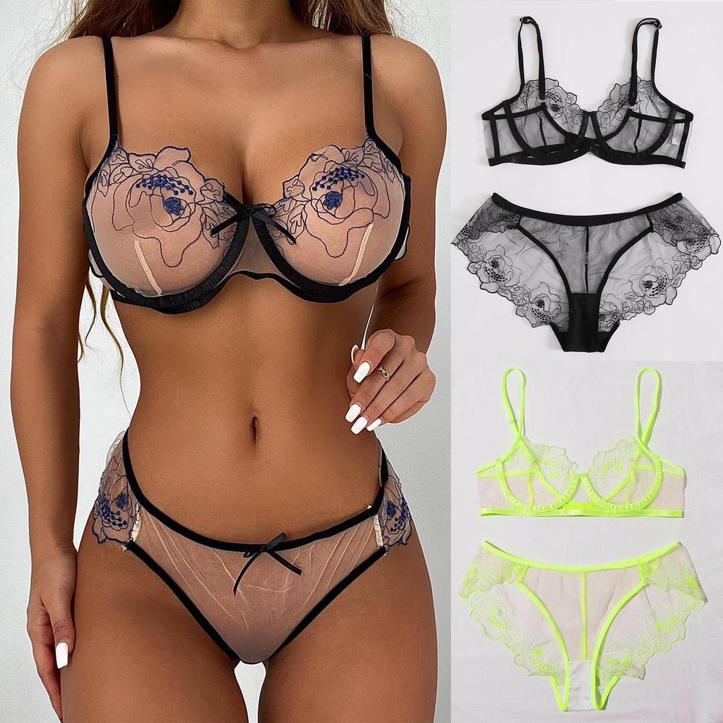 European-American Sexy Lace Mesh Bikini Lingerie Set with Embroidery