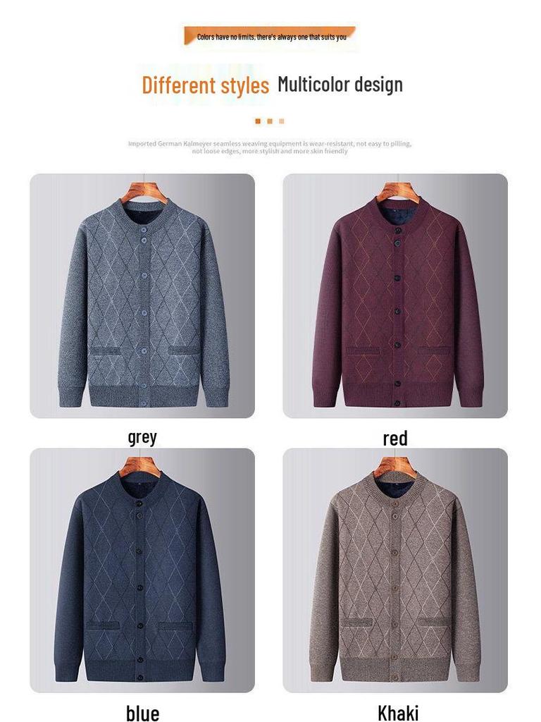 Men's Thickened Knit Cardigan - Warm, Velvet-Lined Sweater for Middle-Aged and Elderly, Perfect for Autumn and Winter.