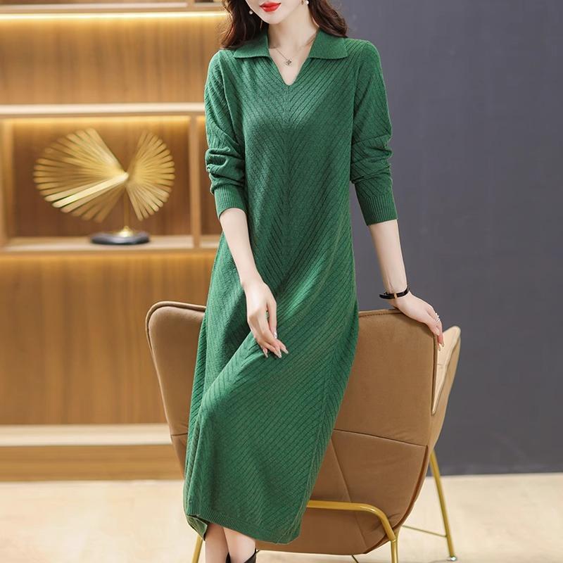 

Mid-length Sweater Dress for Women Loose and Fashionable Solid Color Loose Knitted Dress Casual Long-sleeved Sweater S