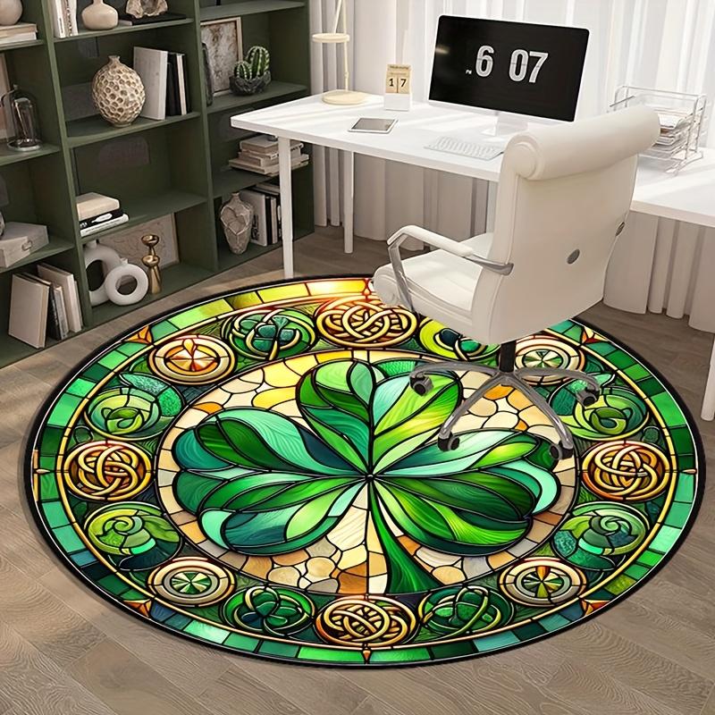 Stained glass shamrock round rug Irish lucky charm living room floor mat green decorative carpet for home or party celebration