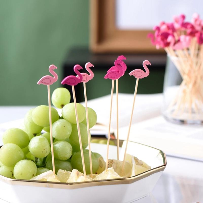 100pcs Hawaii Flamingo Pineapple Disposable Bamboo Food Pick Dessert Fruit Forks for Tropical Beach Birthday Wedding Party Decor