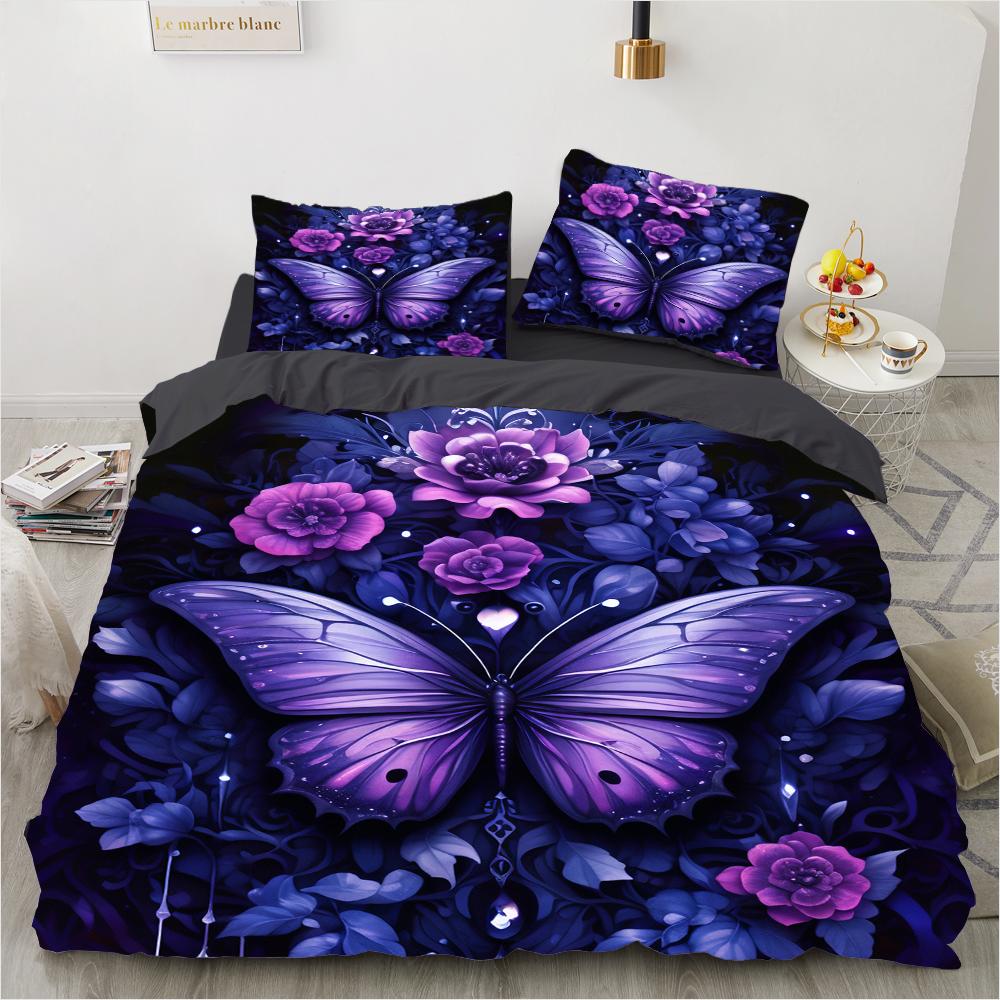 3D Digital Luxury Bedding Set Printed Purple Bohemian Butterfly Duvet Cover Queen King Size Floral Set 3 Pcs With 2 Pillowcases