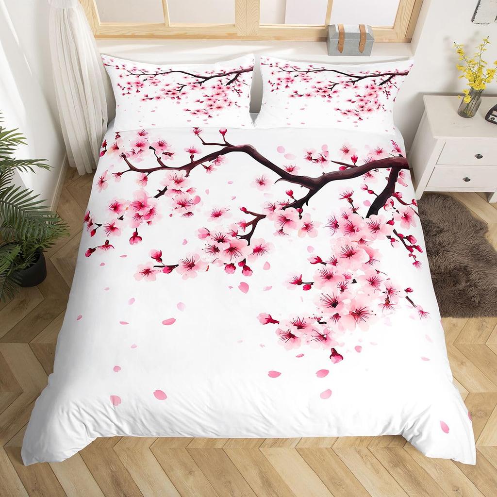 Cherry Blossoms Bedding Set for Boys Girls Japanese Style Floral Botanical Comforter Cover Twin King Sakura Flower Duvet Cover