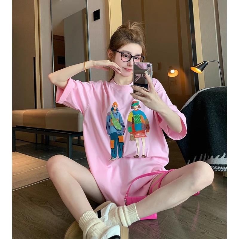 American Vintage Short Sleeve Pure Cotton T-Shirt Women's Summer Loose Plus Size Trendy Leisure Printed Casual Round Neck Top