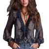 Damen Sexy Bluse Oberteile Rüschen Reißverschluss V-Ausschnitt Durchsichtig Langarm Paisley Muster Hemd Elegant Chiffon Boho Stile Schicke Oberteile