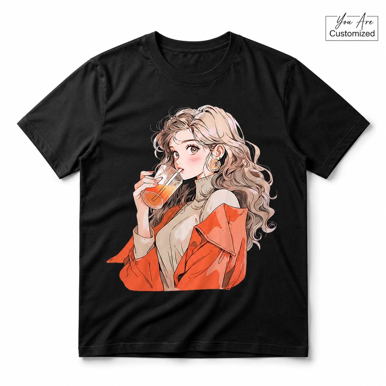 Anime Girl Drinking Graphic T-Shirt Black or White Unisex Aesthetic Manga Tee 2XL
