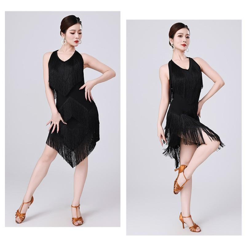 Latin Dance Dress With Fringe Skirt V-Neck Party Performance Costume Women
