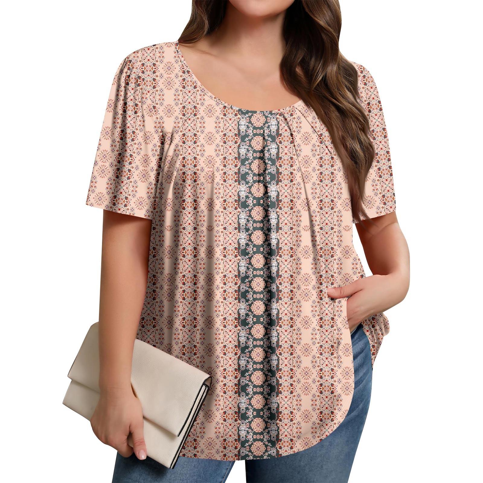 

Плюс Размер Женский Повседневный Круглый Вырез Плиссированный Короткий Рукав Однотонный Топ XXXXXL