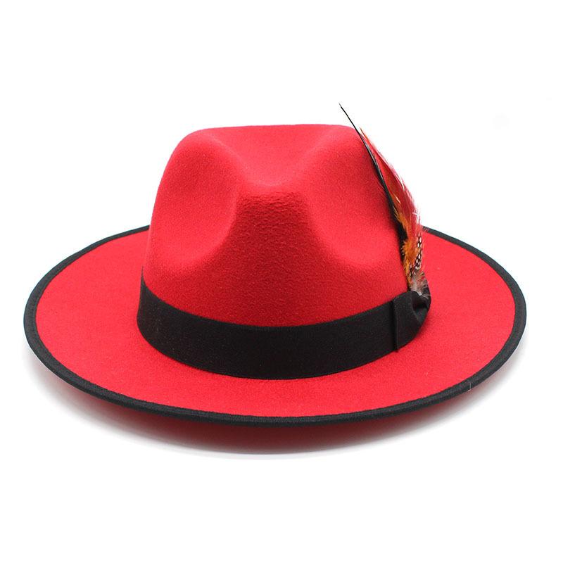 Red Woolen Hemming Top Hat Feather Jazz Hat
