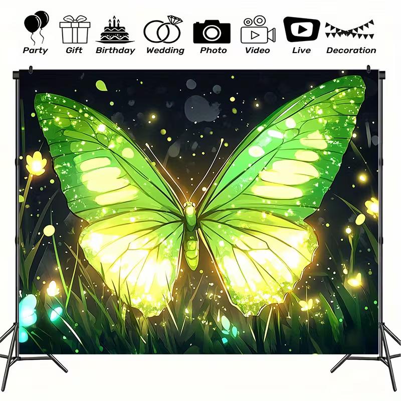 

2D Luminous Butterfly Backdrop, 2D Flat Firefly Night Grass Background for Party Live Streaming Vlog 47.2x31.5inch/120*80cm
