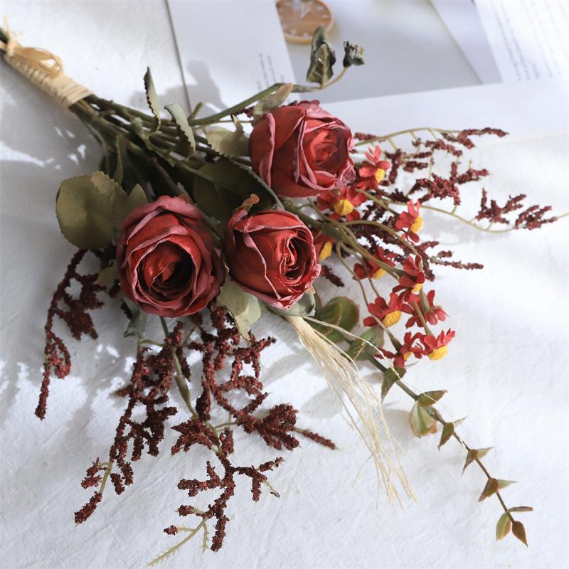 

Advanced Vintage Burnt Edge Rose Daisy Eucalyptus Flower Simulation Bouquet Dried Flowers Home Party Table Decoration Ornament 1pc вино красного
