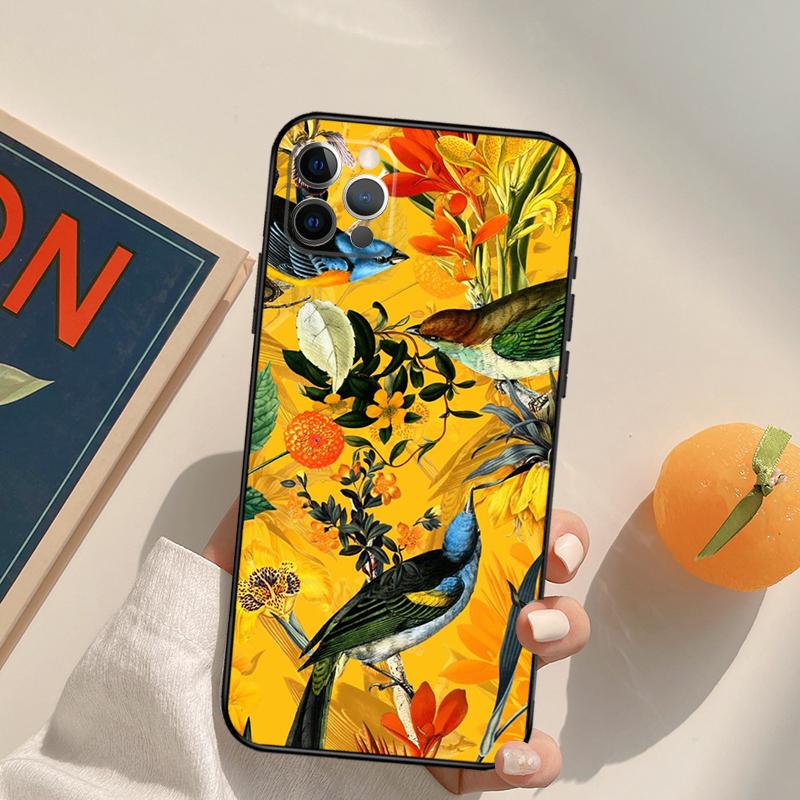 Garden Birds Vintage Tropical FLORAL Cover Case For iPhone 16 15 14 13 12 11 Pro Max XS XR X 12 13 Mini 16 15 Plus Fundas