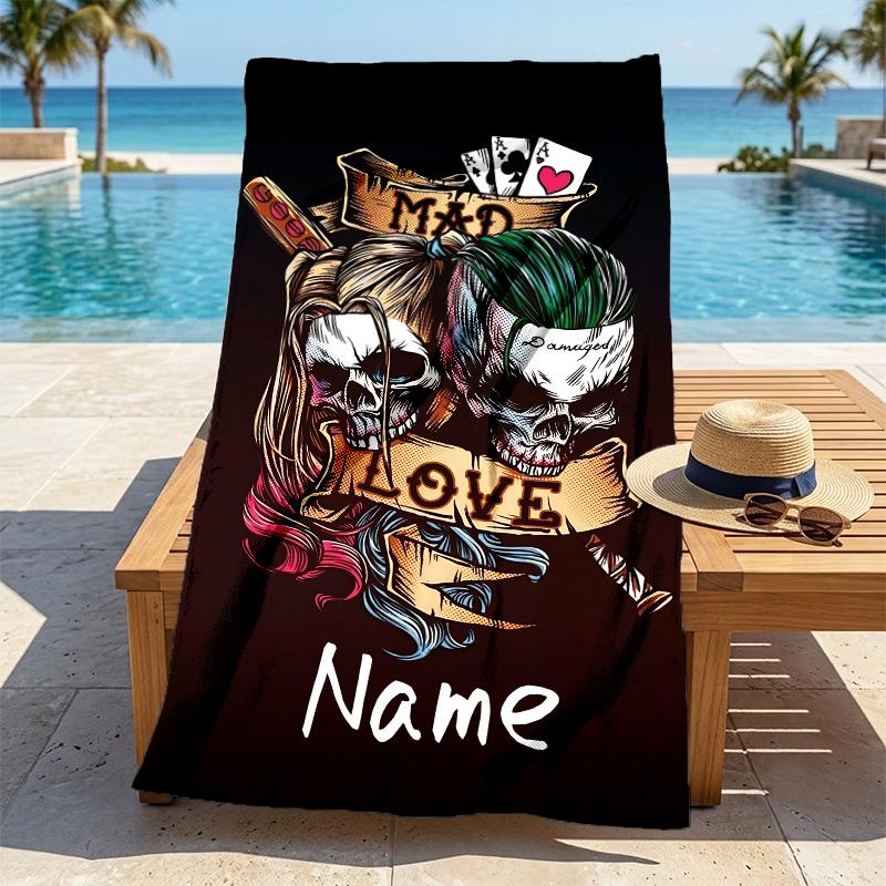 Custom Name Harley Quinn Stylish Digital Printing Beach Towel Quick‑Drying Absorbent Blanket for Beach Pool Gym Travel