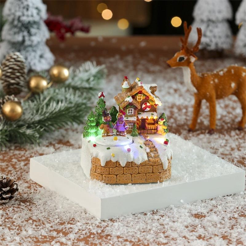 LED Illuminated Christmas Rotating Music Box Snow House Scene Ornament Battery Operated Desktop Decoration for Home
