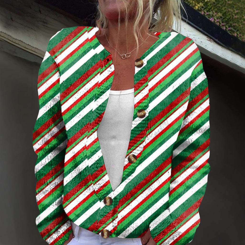 Women's Fashion Christmas Print Long Sleeve Knitted Cardigan Button Jacket