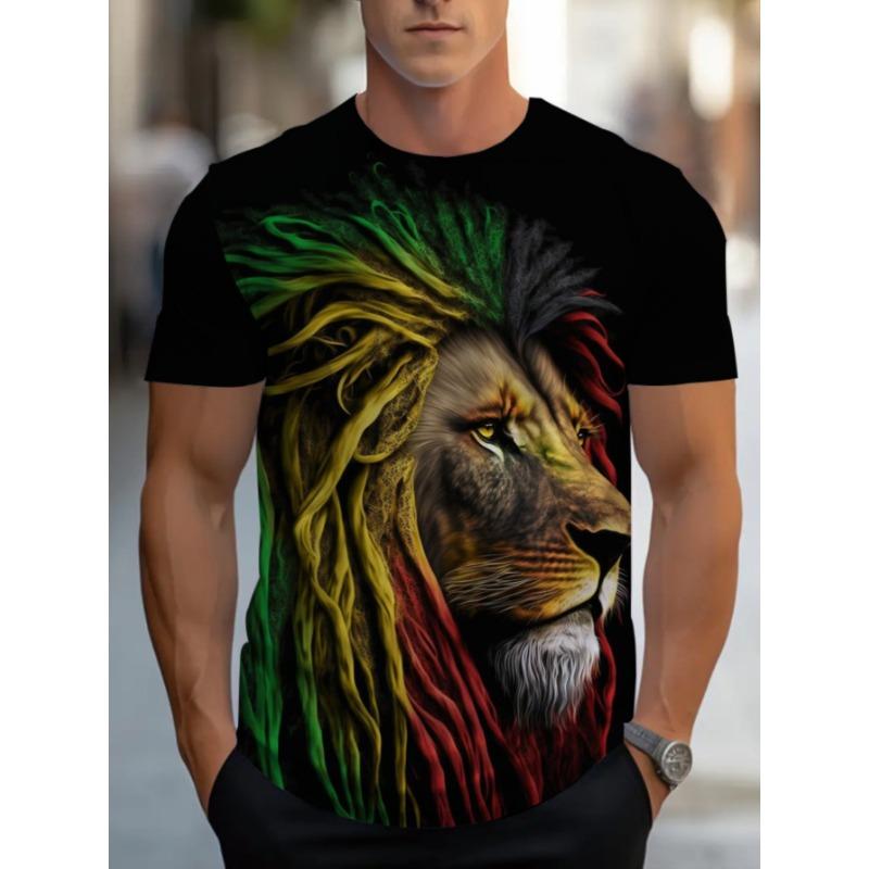 Herren Reggae Löwe 3D Gedrucktes T-Shirt Lässig Kurzarm Rundhals Oberteil Buntes Rasta Tierkönig Grafik T-Shirt Hip Hop Stil Streetwear Modebekleidung
