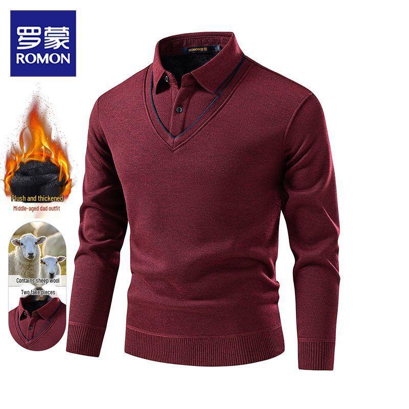 

Luomeng Men s Autumn/Winter Warm Wool-Blend Faux Two-Piece Knit Shirt 3XL