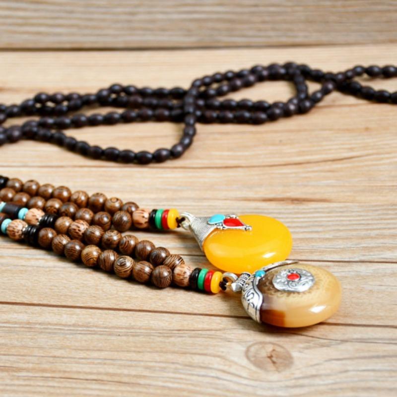 GemChic Women's New Vintage Wooden Beads Amber Pendant Long Necklace Classical Ethnic Fashion Birthday Christmas Jewelry Gift